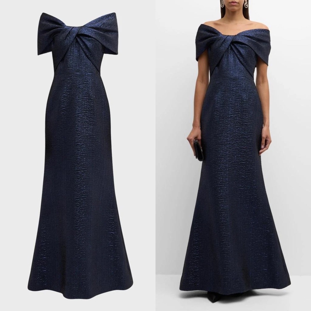 Nwt Teri Jon By Rickie Freeman Metallic Jacquard Off-The-Shoulder Gown - Size 2